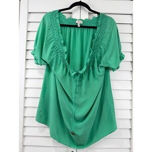 Joie Blouse Silk L Green Smocked Ruffle Short Sleeve Button Front Peasant Blouse